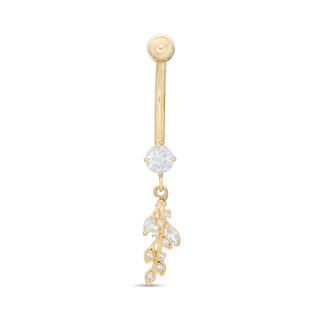 014 Gauge Cubic Zirconia Leafy Dangle Belly Button Ring in Semi-Solid 10K Gold