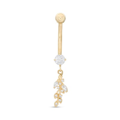 014 Gauge Cubic Zirconia Leafy Dangle Belly Button Ring in Semi-Solid 10K Gold