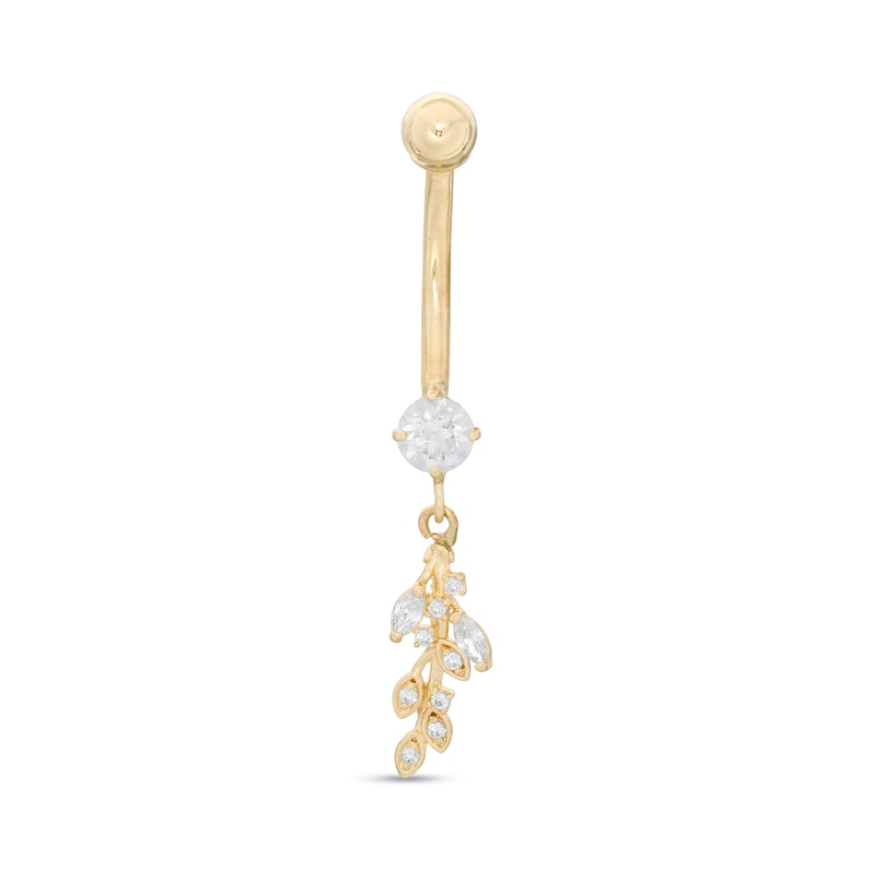 014 Gauge Cubic Zirconia Leafy Dangle Belly Button Ring in Semi-Solid 10K Gold