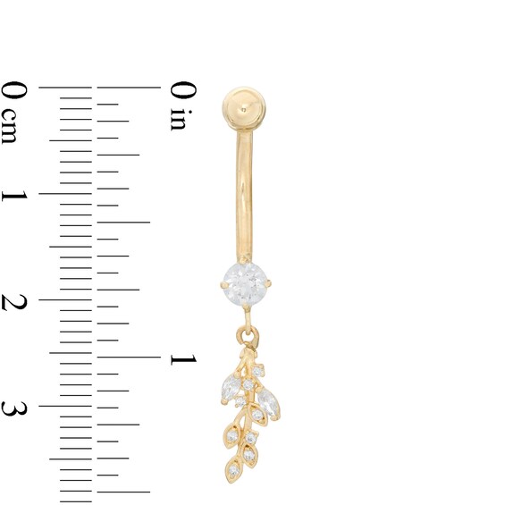 014 Gauge Cubic Zirconia Leafy Dangle Belly Button Ring in Semi-Solid 10K Gold