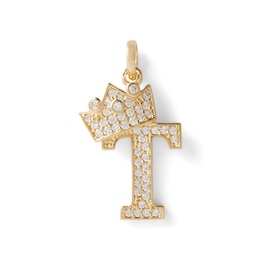 Cubic Zirconia &quot;T&quot; Initial with Crown Necklace Charm in 10K Solid Gold