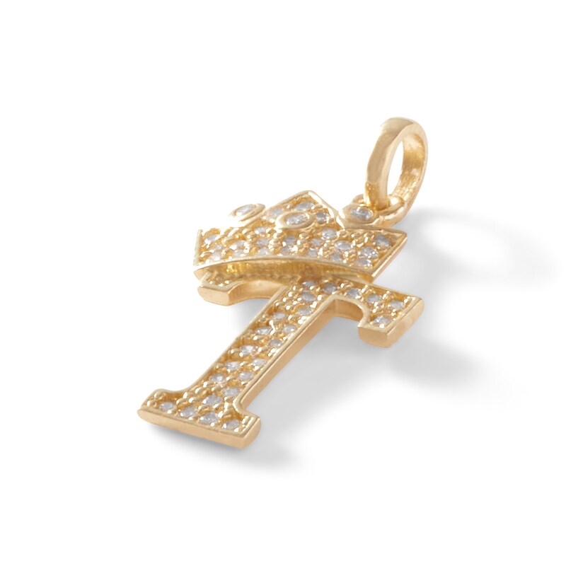 Cubic Zirconia "T" Initial with Crown Necklace Charm in 10K Solid Gold