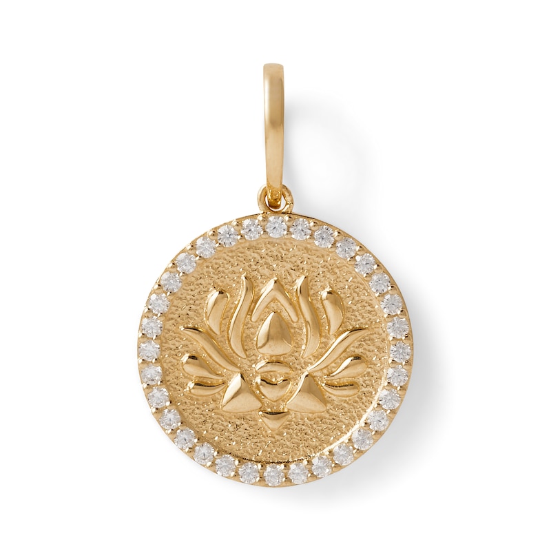 Main Image 1 of Cubic Zirconia Frame Lotus Flower Medallion Necklace Charm in 10K Solid Gold