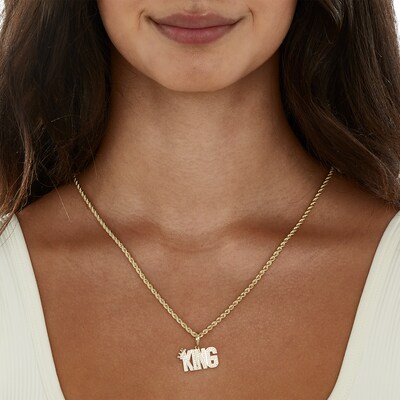 Cubic Zirconia "KING" with Crown Necklace Charm in 10K Solid Gold