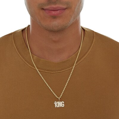 Cubic Zirconia "KING" with Crown Necklace Charm in 10K Solid Gold