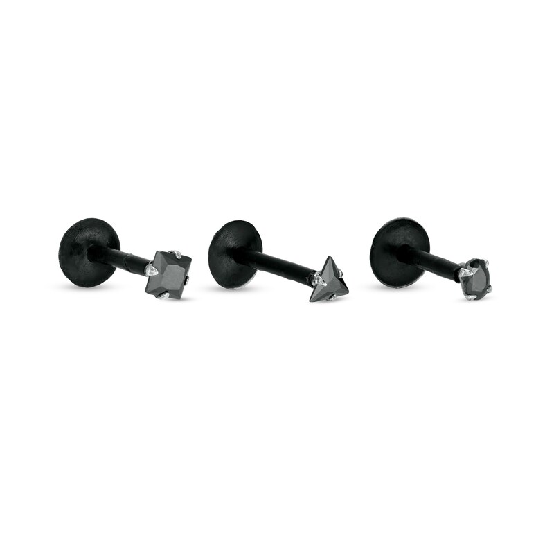 016 Gauge Multi-Shape Black Cubic Zirconia Three Piece Labret Set in Stainless Steel with Black IP