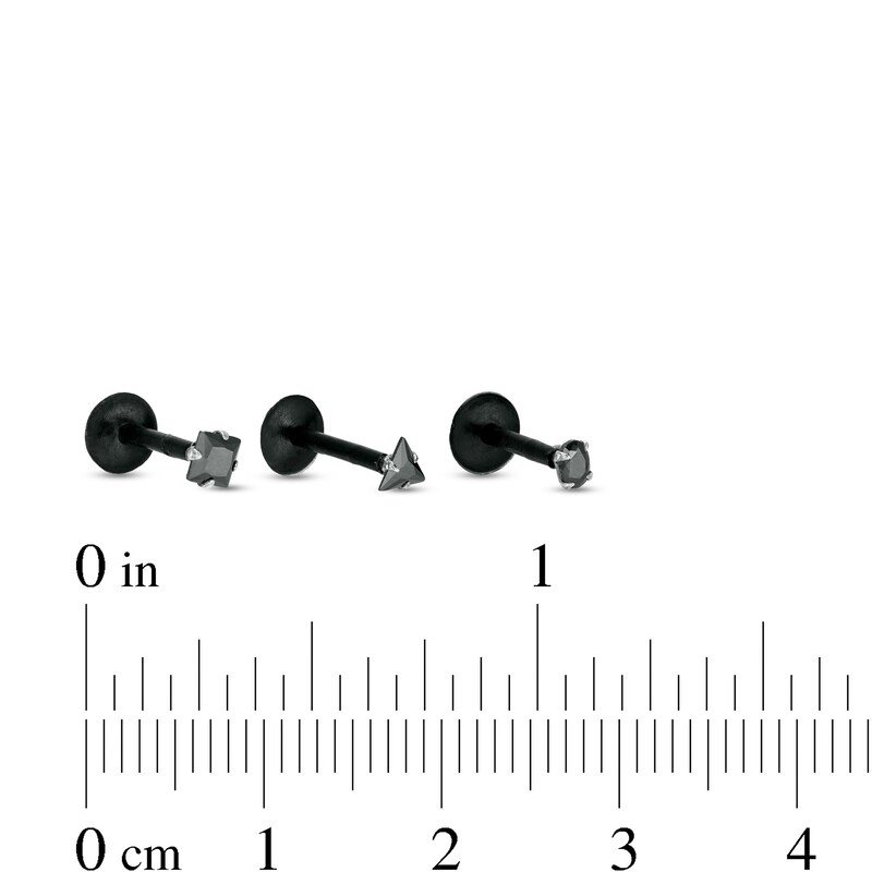 Main Image 2 of 016 Gauge Multi-Shape Black Cubic Zirconia Three Piece Labret Set in Stainless Steel with Black IP