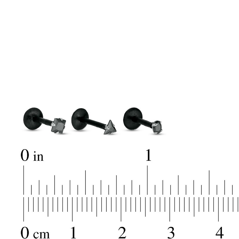 016 Gauge Multi-Shape Black Cubic Zirconia Three Piece Labret Set in Stainless Steel with Black IP