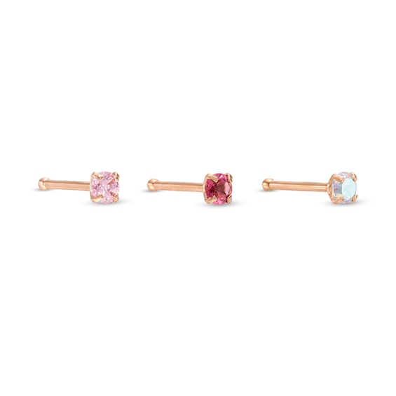 022 Gauge Cubic Zirconia Three Piece Nose Bone Set in Stainless Steel with Rose IP