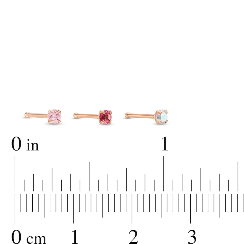 022 Gauge Cubic Zirconia Three Piece Nose Bone Set in Stainless Steel with Rose IP
