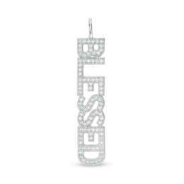 Cubic Zirconia Vertical &quot;BLESSED&quot; Necklace Charm in Sterling Silver