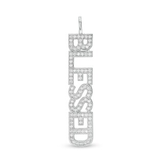 Cubic Zirconia Vertical "BLESSED" Necklace Charm in Sterling Silver