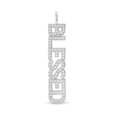 Cubic Zirconia Vertical "BLESSED" Necklace Charm in Sterling Silver