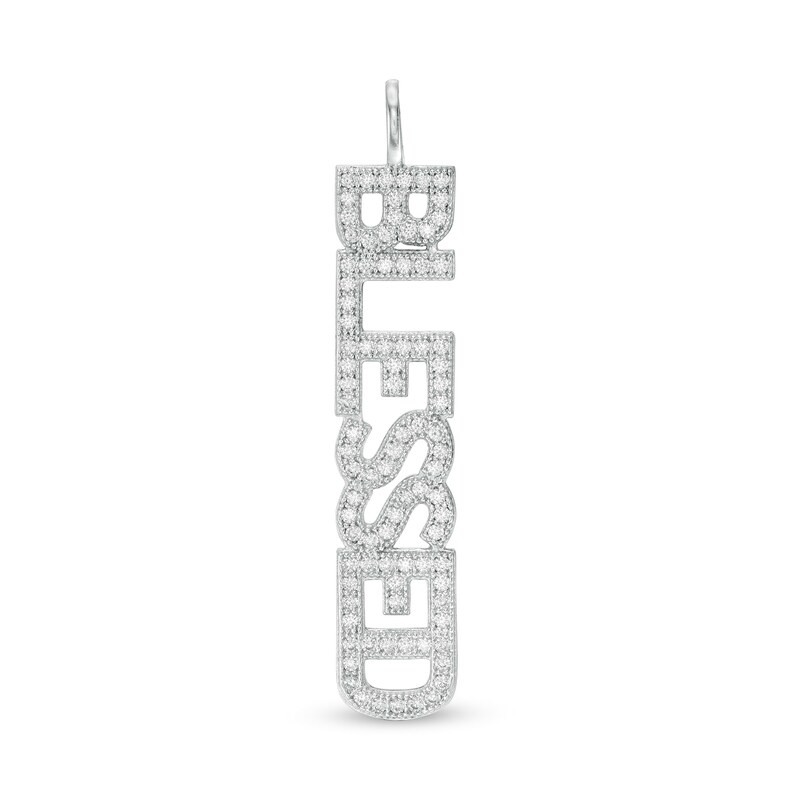 Cubic Zirconia Vertical "BLESSED" Necklace Charm in Sterling Silver