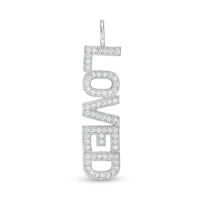 Cubic Zirconia Vertical "LOVED" Necklace Charm in Sterling Silver
