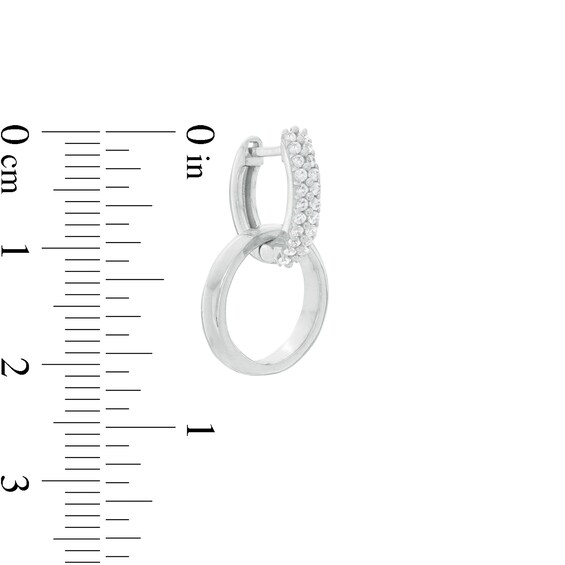 Cubic Zirconia Double Row with Interlocking Circle Dangle 8.5mm Huggie Hoop Earrings in Sterling Silver