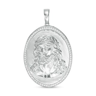 Cubic Zirconia Frame Jesus Head Oval Medallion Necklace Charm in Sterling Silver