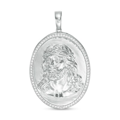 Cubic Zirconia Frame Jesus Head Oval Medallion Necklace Charm in Sterling Silver