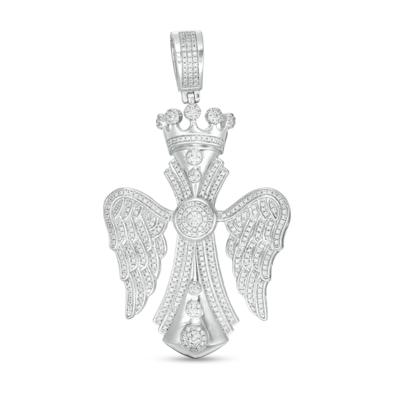Cubic Zirconia Gothic-Style Cross with Angel Wings and Crown Accent Necklace Charm in Sterling Silver