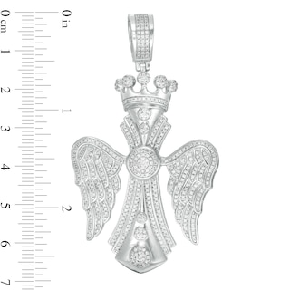 Cubic Zirconia Gothic-Style Cross with Angel Wings and Crown Accent Necklace Charm in Sterling Silver