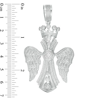 Cubic Zirconia Gothic-Style Cross with Angel Wings and Crown Accent Necklace Charm in Sterling Silver