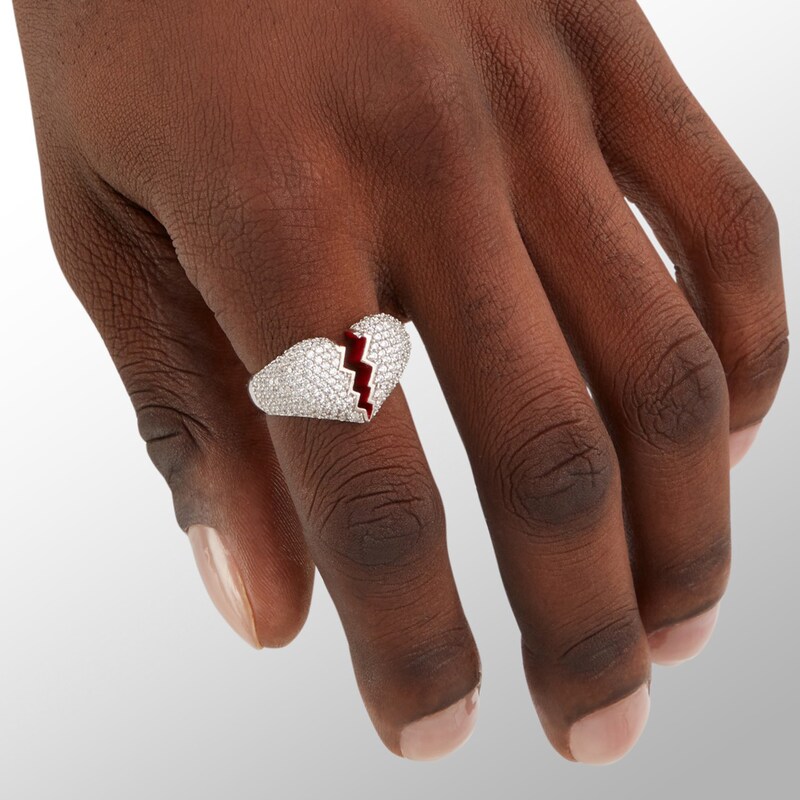 Cubic Zirconia and Red Enamel Broken Heart Ring in Solid Sterling Silver