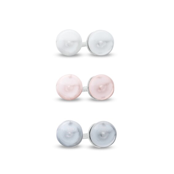 4mm Simulated Multi-Color Pearl Three Pair Stud Earrings Set in Sterling Silver