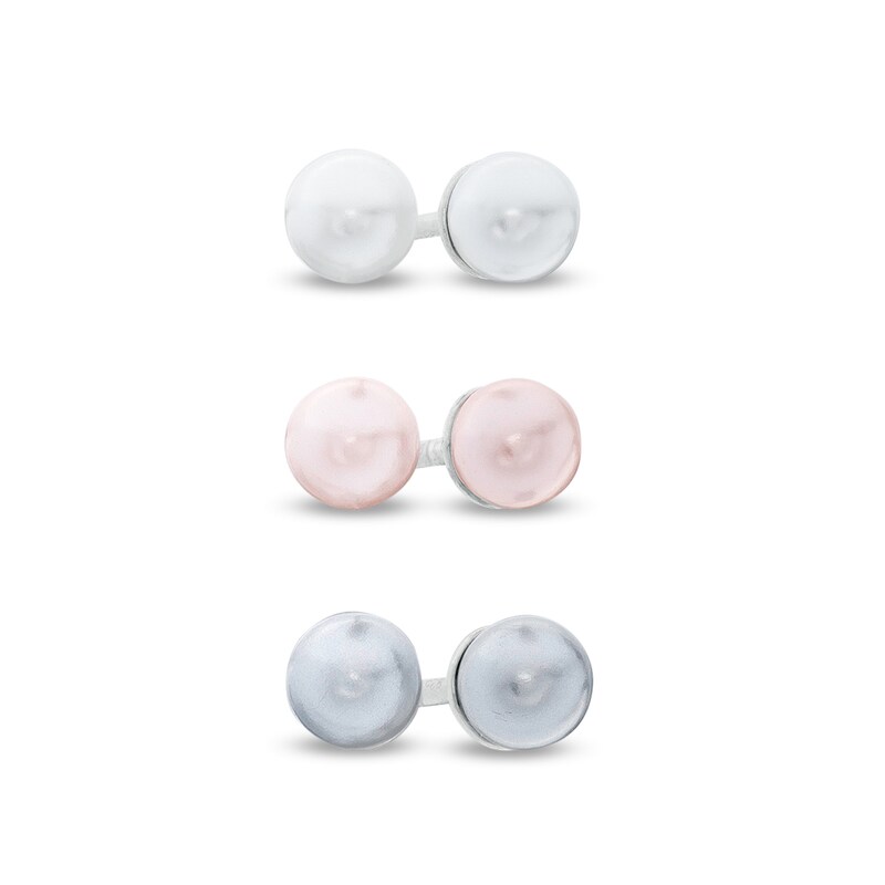 4mm Simulated Multi-Color Pearl Three Pair Stud Earrings Set in Sterling Silver