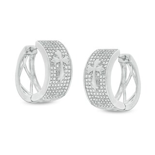 Cubic Zirconia Pavé Gothic-Style Cross 13mm Huggie Hoop Earrings in Sterling Silver