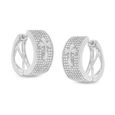Cubic Zirconia Pavé Gothic-Style Cross 13mm Huggie Hoop Earrings in Sterling Silver