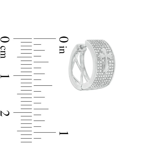 Cubic Zirconia Pavé Gothic-Style Cross 13mm Huggie Hoop Earrings in Sterling Silver