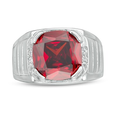 10mm Cushion-Cut Red Glass and Cubic Zirconia Tapered Signet Ring in Sterling Silver - Size 10