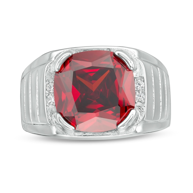 10mm Cushion-Cut Red Glass and Cubic Zirconia Tapered Signet Ring in Sterling Silver - Size 10