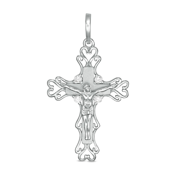 Cubic Zirconia Ornate Crucifix Charm in Sterling Silver