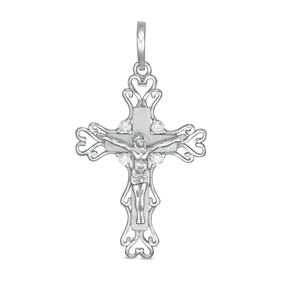 Cubic Zirconia Ornate Crucifix Charm in Sterling Silver
