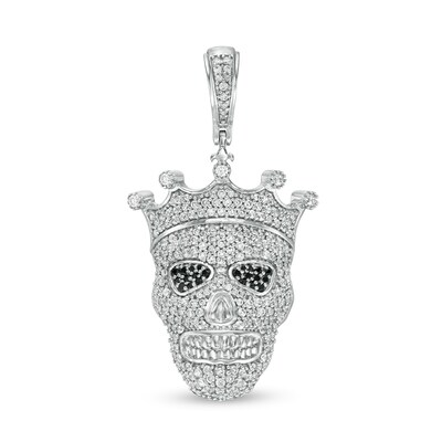 Black and White Cubic Zirconia Skull with Crown Necklace Charm in Sterling Silver