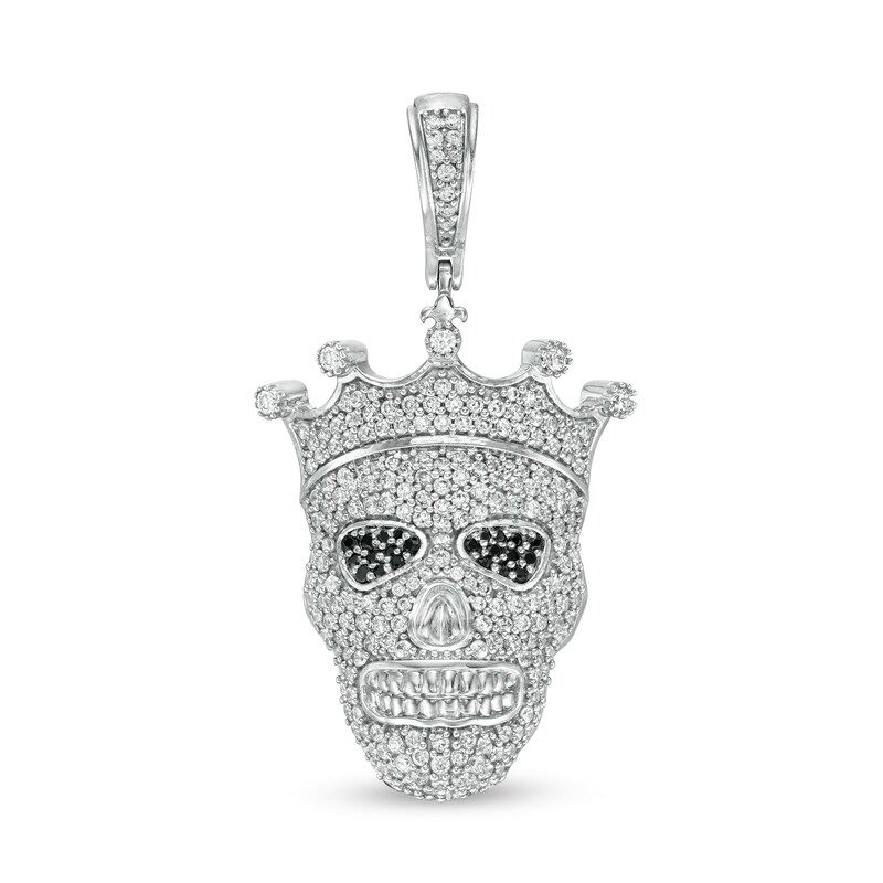 Black and White Cubic Zirconia Skull with Crown Necklace Charm in Sterling Silver