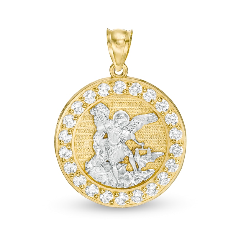 Main Image 1 of Cubic Zirconia Frame Saint Michael Medallion Necklace Charm in 10K Solid Gold