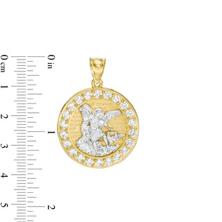 Cubic Zirconia Frame Saint Michael Medallion Necklace Charm in 10K Solid Gold