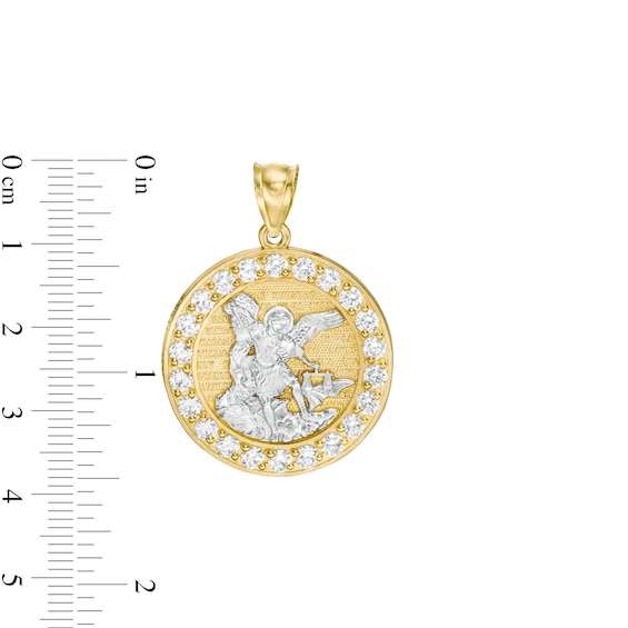 Cubic Zirconia Frame Saint Michael Medallion Necklace Charm in 10K Solid Gold