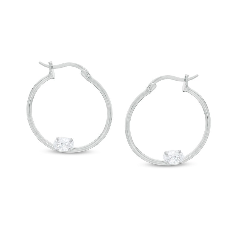 Sideways Oval Cubic Zirconia Solitaire 25mm Tube Hoop Earrings in Sterling Silver