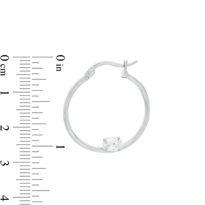 Sideways Oval Cubic Zirconia Solitaire 25mm Tube Hoop Earrings in Sterling Silver