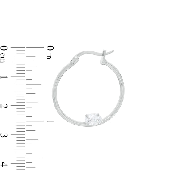 Sideways Oval Cubic Zirconia Solitaire 25mm Tube Hoop Earrings in Sterling Silver