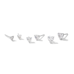 Solid Sterling Silver Graduated CZ Heart Three Pair Stud Earrings Set