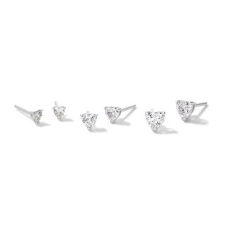 Solid Sterling Silver Graduated CZ Heart Three Pair Stud Earrings Set