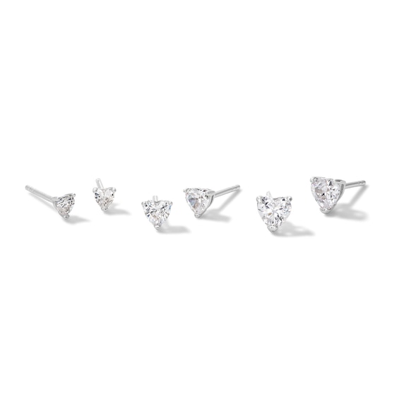 Solid Sterling Silver Graduated CZ Heart Three Pair Stud Earrings Set