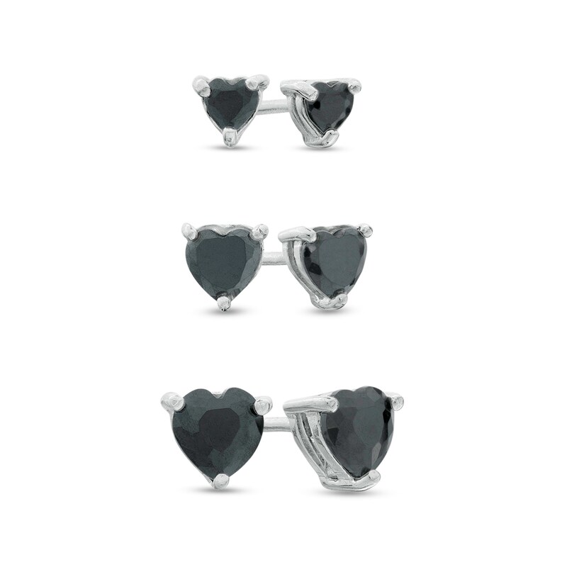 Heart-Shaped Black Cubic Zirconia Graduated Three Pair Stud Earrings Set in Sterling Silver