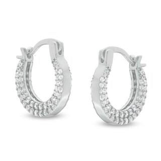 Cubic Zirconia Double Row Outside Edge 14mm Huggie Hoop Earrings in Sterling Silver