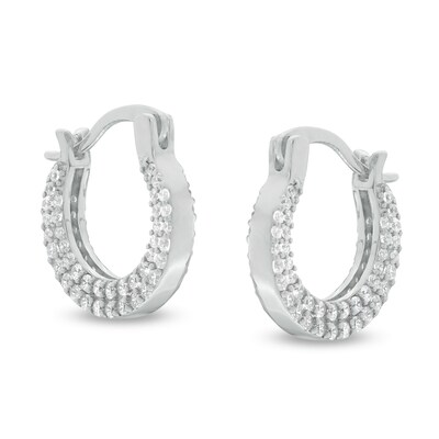 Cubic Zirconia Double Row Outside Edge 14mm Huggie Hoop Earrings in Sterling Silver