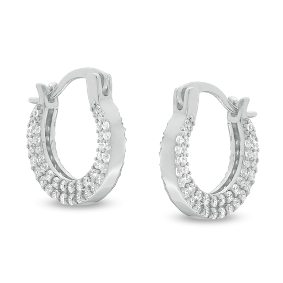 Cubic Zirconia Double Row Outside Edge 14mm Huggie Hoop Earrings in Sterling Silver